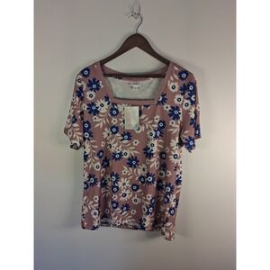 [Cottagecore] LuLaRoe Martha Floral Top Womens XL Pink Blue Square Neck Ribbed